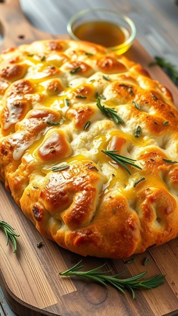 Golden focaccia bread with rosemary on a wooden board, served with olive oil.